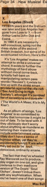 Not a very positive X 'Los Angelese review - NME April 1980 (DC Collection)